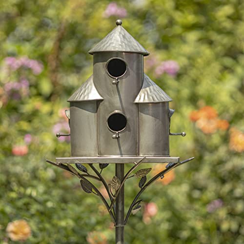 Zaer Ltd. Large Silver Colored Multi-Birdhouse Stakes, Room for 4 Bird Families in Each (Plump Triple Cylinder Homes (Silver Color)) - style: Plump Triple Cylinder Homes (Silver Color)