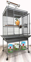 X-Large Elegant and Durable Wrought Iron Play Ground Perch Stand Top Climbing Ladder Bird Parrot Rolling Metal Cage with Around Seed Guard Storage Shelf On Heavy Duty Lockable Rolling Wheels - size: 28" x 22" x 66.5"H