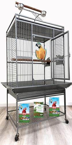 X-Large Elegant and Durable Wrought Iron Play Ground Perch Stand Top Climbing Ladder Bird Parrot Rolling Metal Cage with Around Seed Guard Storage Shelf On Heavy Duty Lockable Rolling Wheels - size: 28" x 22" x 66.5"H