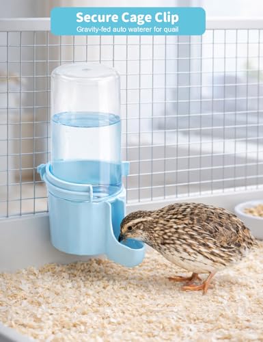 Quail Chick Waterer with Anti-Drowning Shallow Tray, 16.6 fl oz Automatic Gravity Button Quail Waterer, Hanging or Free-Standing Bird Water Dispenser for Wire Mesh Cages and Brooders (Blue) - color: Blue
