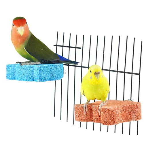 2Pcs Bird Beak Grinding Stone Perch Parrot Calcium Chewing Claw Trimmer Toy | Bird Cage Natural Volcanic Rock Mineral Platform Stand, Chinchillas Rabbits Lava Blocks Chews for Teeth, Small Medium Parrots