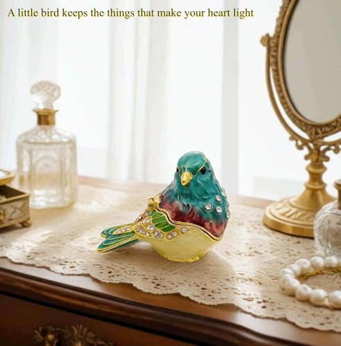 Turquoise Green Bird Jewelry Trinket Box Gift | hinged,enameled,ring earring storage,bird gifts figurine decor - color: A Malachite