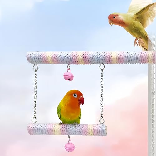 Parrot Swing A Standing Pole, Colorful Cotton Rope Wooden Swing with Metal Chain and Clasp（1Pcs）