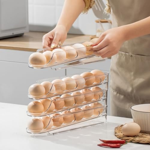 Egg Holder for Fridge,Stackable 1-4 Tiers Container,Auto Rolling Fridge Organizer for Refrigerator,Space-Saving Dispenser Holder,Refrigerator Egg Rack Transparent (4Packs)