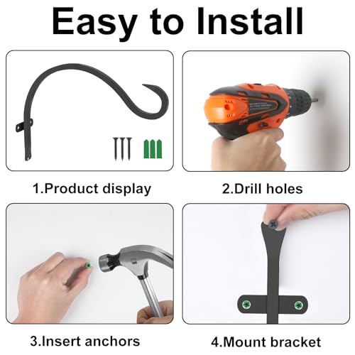 12 Inch Heavy Duty Plant Hanger Wall Hook 3 Pack - Black Iron Hanging Plant Bracket Holds 44 lbs - Rust Resistant Indoor Outdoor Hooks for Bird Feeders Lanterns Wind Chimes Hanging Baskets with Screws - size: 3 Pieces