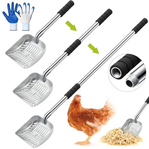 Willinglong 48 Inch Metal Chicken Coop Pooper Scooper (16 to 48 Inch) Long Handle Scooper with Detachable Stainless Steel Long Handle Gloves Accessory for Cleaning Chicken Coop(Silver)