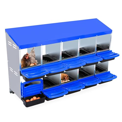 Chicken Nesting Box, 10-Hole Roll Away Egg Laying Box with Lid, Galvanized Steel Rustproof Design - Easy Egg Collection, Easy Clean Wall-Mountable Without Bracket, Blue - color: blue, size: 10 HOLES WITHOUT LEGS