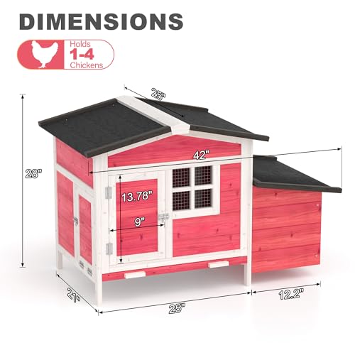 GOJOOASIS Chicken Coop w/Nesting Box Outdoor Wooden Raised Hen House | Small Chicken House for 2 Chickens, Poultry Cage with Removable Tray, Ramp, Backyard Coop with Window, Red - size: F