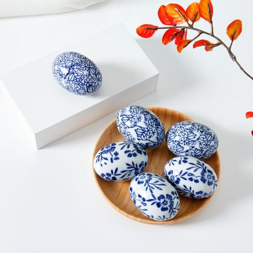 6pcs/Set Handcrafted Blue & White Ceramic Easter Eggs - Artisanal Decor for Home, Living Room & Office - Festive 6cm*4cm Accent Pieces - Perfect Mothers Day & Spring Easter Gifts (B) - size: G
