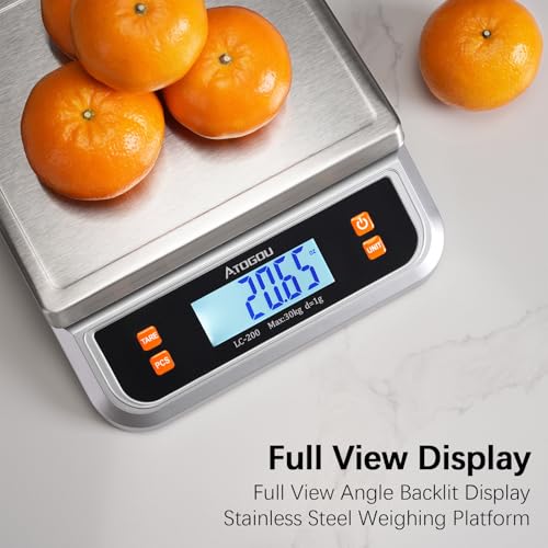 Atogou 66lb Food Scale, Commercial Kitchen Scale Plug-in Usable | Full View LCD Display, Stainless Steel, for Baking, Bread, Cooking, Meat, Vegetables, Farm, Industry LC200 Silver - size: Silver 66 lb (30 kg)