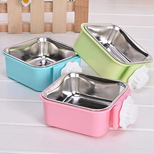 Crate Dog Bowl,Removable Stainless Steel Water Food Feeder Bowls Crate Coop Cup,Pet Cage Bowls with Bolt Holder for Cat, Puppy, Birds, Rats, Rabbits Small Animals ((Blue+Pink) Square, Samll) - color: (Blue+Pink) Square, size: Small