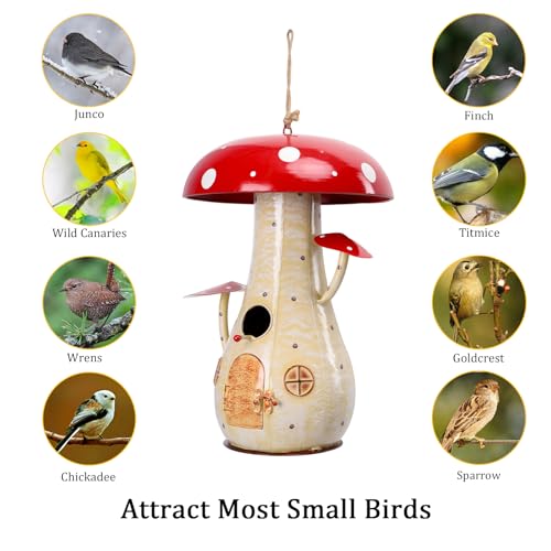 Yinns Metal Mushroom Bird House, Wild Bird Houses Outdoor Garden Decor | 13.8 Inch Big Bird Houses for Outdoors, Decorative Birdhouse for Home Garden Decor for Your Backyard Habitat - color: Red Mushroom