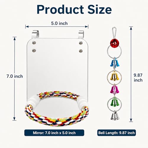 7" Bird Mirror with Rope Perch Bird Toys Swing, Comfy Perch for Greys Amazons Parakeet Cockatiel Conure Lovebirds Finch Canaries - size: 7 inch