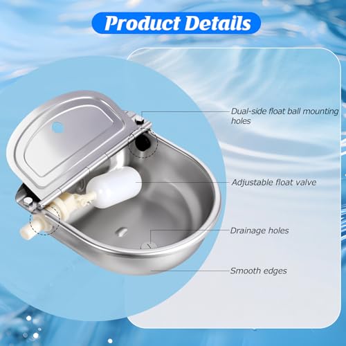 Automatic Chicken Waterer Stainless Steel with Drainage Hole | with Float Valve, Extended Pipe, Replacement Valve, Outdoor Auto Self Filling Water Bowl for Chicken,Duck,Poultry