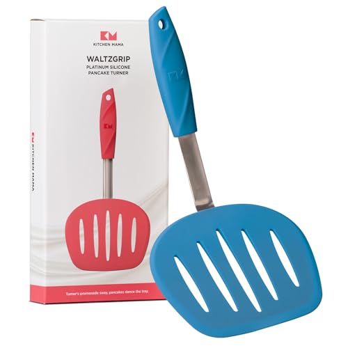 Kitchen Mama WaltzGrip Platinum Silicone Pancake Spatula Turner, Blue | Heat-Resistant, Slotted Tapered Head, Stainless Steel Core, Durable and Dishwasher-Safe, For Flipping and Wok Use - color: Blue