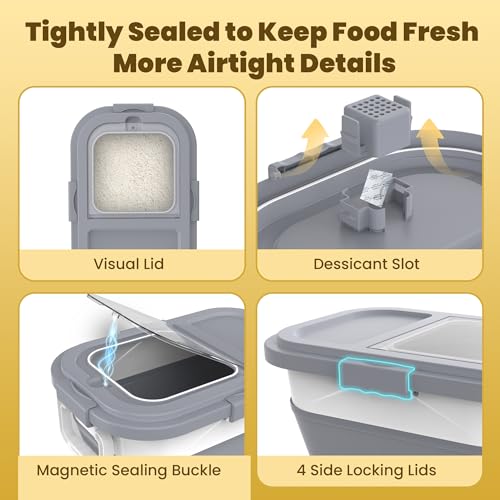 HOYTAMDA 20-30Lbs Rice Container,Collapsible Food Storage Container Wheels | Rice Storage Container with Airtight Locking Lid,Handle,Small Bin &Scoop,Rice Dispenser for Flour Sugar Cereal Grain Dog Cat - color: Grey/20-30lbs