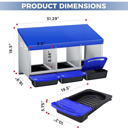 Chicken Nesting Box 3-Compartment Roll-Out with Pull-Out Trays, Egg Nesting Boxes for Hens, Chicken Coop Laying Box,Easy Wall Mounting with Metal Legs - color: Blue, size: 3 holes