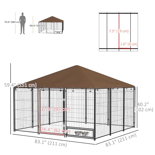 PawHut Outside Dog Kennel, 7' x 7' x 5' Puppy Play Pen with Canopy, Garden Playpen Fence Crate Enclosure Cage Rotating Bowl, for Dogs, Chickens, Ducks, Black | Puppy Play Pen, Garden Fence Crate Enclosure Cage, Rotating Bowl for Dogs Chickens Ducks - size