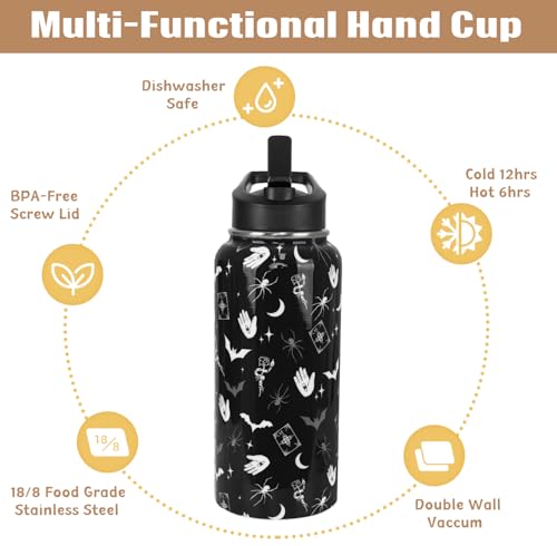 Goth Water Bottle with Straws Insulated Bottle Halloween Gothic Bats Travel Thermal Double Walled Vacuum Cup Leak Proof Stainless Steel Tumbler Witchy Decor Gifts-32 oz - color: Black