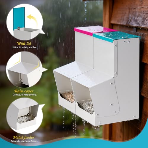 2PCS Metal Automatic Chicken Feeder, Wall Mount Hanging Poultry Feeder Dispenser with 2 Ports, 7lb Chicken Grit and Oyster Shell Feeder Trough No Waste for Outside Coop Quail Ducks Turkeys