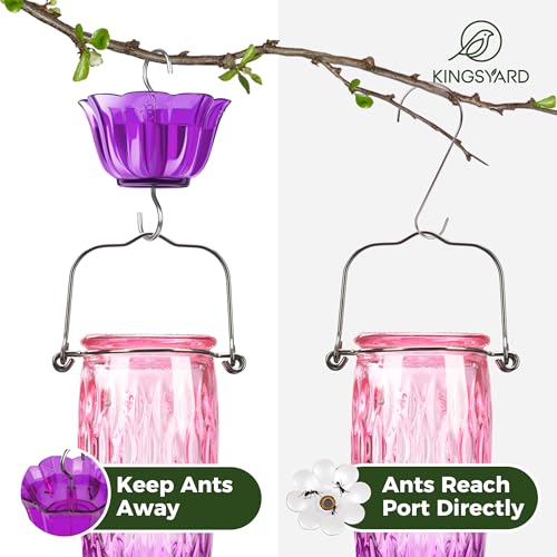 Kingsyard 2 Pack Glass Hummingbird Feeder for Outdoors with Ant Moat | 24 oz, Wide-Mouth Opening, 6 Metal Feeding Ports, Bee Guard, Easy to Clean & Refill Nectar, 360 Degree Perch, Pink & Purple - color: Pink & Purple