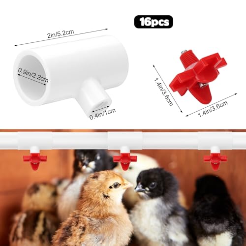 16 Pack Automatic Chicken Nipples Waterer, Horizontal Chicken Waterer Nipples with 1/2'' PVC Tee Fittings DIY Auto Chickens Waterering System Waterer Drinker and for Ducks Quail and Other Poultry