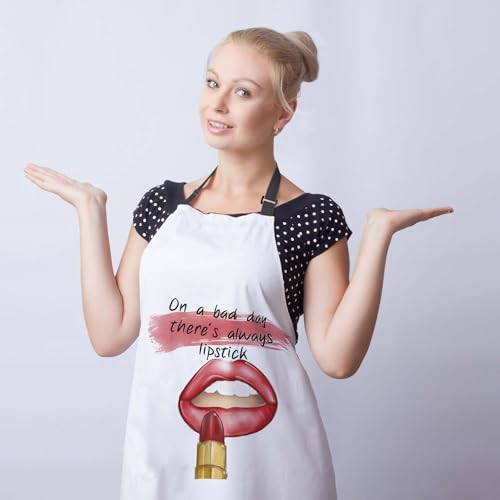 Kitchen Apron for Women Red Lips Quotes on a Bad Day There’s Always Lipstick Funny Aprons for Men for Cooking Restaurant BBQ Painting Crafting Gardening 27” (W) x 31” (H), Waterproof Apron - color: Red Lips