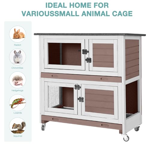 2-Tier Rabbit Hutch Indoor Bunny Cage with Wheels for Small Animals | House Guinea Pig Cage with Sliding Plastic Trays Wheels for Easy Cleaning Ventilation Design, 36 Inch Small Animal Home - color: Beige