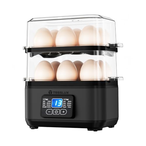 Tesslux Egg Cooker, Dual Layer 12 Egg Boiler, Soft Hard Poached, Black | LED Countdown Timer, Touch Control, Poaching Bowl, Omelet Maker, Two Trays, Vegetable Steamer, Auto Shut-Off, Buzzer Alert - color: Black
