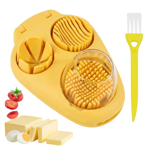 Egg Cutter, 2 Piece Set in Yellow 3 in 1 Hard Boiled Egg Slicer and Dicer with Cleaning Brush, Kitchen Tool for Quick Meal Prep and Snack Preparation