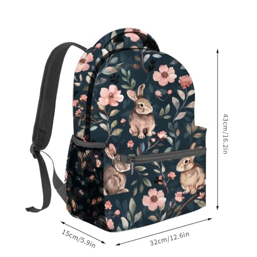 Cute Bunny Backpack,Adorable Rabbit Floral Polyester Backpacks,Lightweight Double Shoulder Back Pack for Girls Women,Blossom Dark Bookbag,School Bag Gifts,Casual Travel Daypack Book Packs - color: Bunny