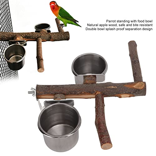 Stainless Steel Bird Feeding Bowl with Wooden Perch for Parakeets, Budgies, Lovebirds and Parrots