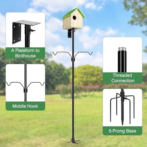 YINGYM 95 Inch Bird House Pole Mount Kit for Outdoors Heavy Duty | Adjustable Metal Bird Feeder Stand Pole with 2-Hooks, 5-Prong Base for Garden, Backyard and Patio Use - size: 95 inch