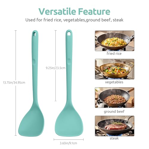 U-Taste 600ºF Heat Resistant 13.6in Long Solid & Slotted Silicone Turner and 600ºF Heat Resistant 13.76" Long, 3.63" Wide Wok Spatula for Kitchen Stir Fry (Aqua Sky)