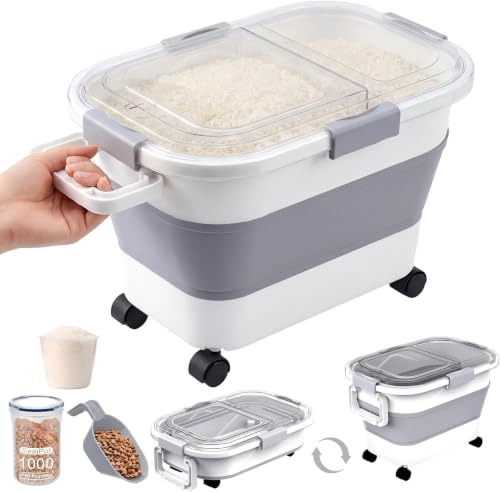 30 Lbs Rice Container, Collapsible Dog Food Storage Container | Airtight Cat Food Container with Wheels, Transparent Lid, Measuring Cup, Scoop and Handle, BPA Free for Pet Food, Bird Seed - size: 29lbs
