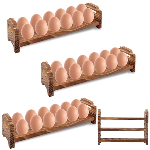 Wooden Egg Holder Countertop, 3 Layer Stackable Fresh Egg Display Storage Rack Organizer Stackable egg storage Easter Basket Farmhouse Egg Storage Basket with Handles Fits Duck Turkey Chicken Eggs