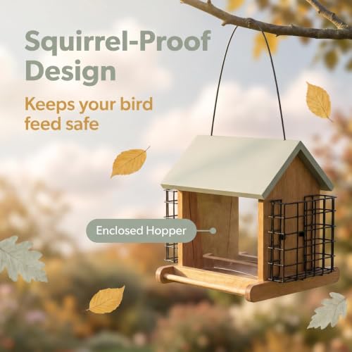 Wood Hopper Bird Feeder with Double Suet Cage, 10 lb Large Capacity Hanging Wild Bird Feeder for Outdoor, Garden Bird Feeder with Weatherproof Roof