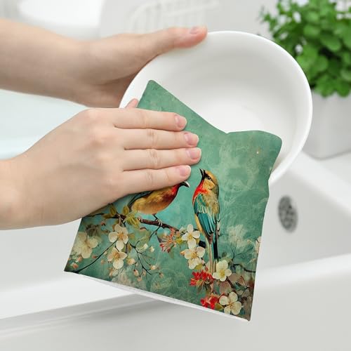 Cute Birds Kitchen Towels Decorative Set of 2 Green Dish Towels | Gifts for Bird Lovers Women, Absorbent Floral Tea Towel Spring Summer Hand Towel for Kitchen Bathroom Bar Farmhouse Decor - color: Cute Birds