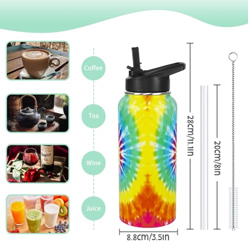 Tie-Dye Water Bottle with Straws Insulated Bottles Travel Thermal Double Walled Vacuum Cup Leak Proof Stainless Steel Tumbler Tie-Dye Lovers Decor Gifts-32 oz - color: Cyan blue yellow