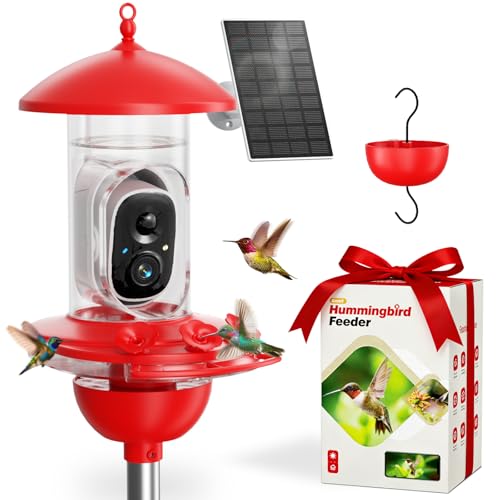 Hummingbird Feeder with Camera Outdoor, 5MP HD Smart Hummingbird Feeder Camera Solar Powered, AI Bird Identification, Ant Moat & Bee Proof, APP Alerts, Hanging or Pole Mount, Gift for Bird Lovers