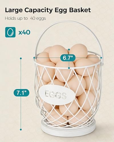 Chicken Egg Basket for Gathering Fresh Eggs, Wire Egg Collecting Basket | Metal Handle, Wooden Base, Round Egg Holder Countertop, Vintage Farmhouse Kitchen Decor, Fruit Storage, White - color: White