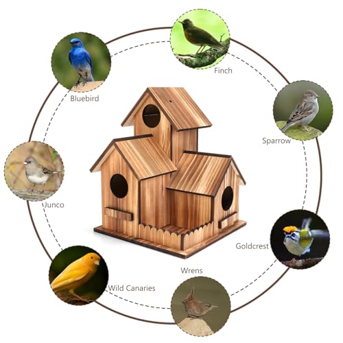 Bird Houses for Outside, Outdoor 3-Hole Large Birdhouse Bird Feeder for Bluebirds, Finches, Cardinals and Yellow Finches, Wooden Hanging Edible Wild Bird Nest Garden Decorative