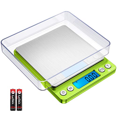 AMIR Digital Kitchen Scale, 500g-0.01g Mini Pocket Jewelry Scale, Cooking Food Scale with Backlit LCD Display, 2 Trays, 6 Units, Auto Off, Tare, Stainless Steel (Battery Included) - color: Green
