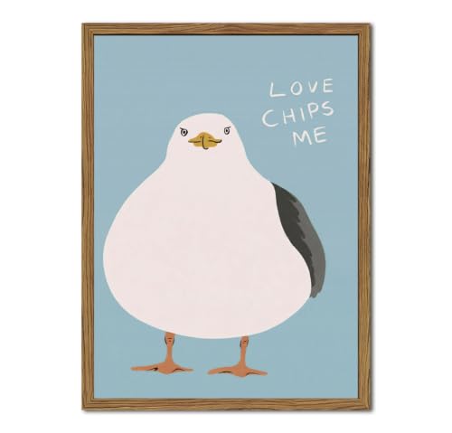 Funny Seagull Wall Art, Love Chips Me Quotes Wall Decor Painting Cute Beach Animal Poster Canvas Prints Picture for Living Room Bedroom Bathroom 16x24 inch Wood Framed - color: Animal-Z, size: 24"L x 16"W