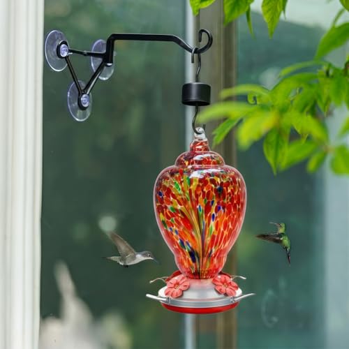 Hand Blown Glass Hummingbird Feeder with Heavy-Duty Metal Window Suction Cup Hangers Colorful Glass Bird Feeder and Window Hook with Accessories (Red)