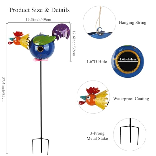37" Bird Houses for Outside, Outdoor Metal Rooster Birdhouse with Hanging String & Poles for Patio, Yard, Garden - style: Rooster