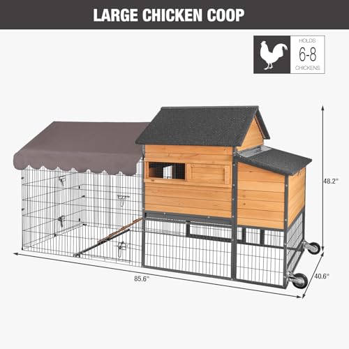 Mobile Chicken Coop with Wheels for 6–8 Chickens, Large Outdoor Chicken Coop with Run, Weatherproof Asphalt Roof, Dividable Nesting Boxes and Pull Out Trays，85.6" L x 40.6" W x48.2 H