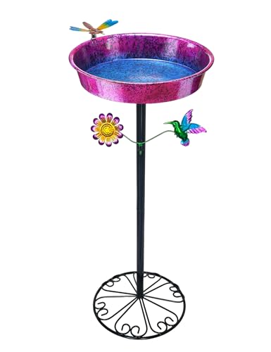 Pedestal Bird Bath for Outdoors - Metallic Purple & Blue 11.5” Metal Birdbath Bowl & Feeder Freestanding Garden Decor Yard Art (26” Tall, 0.7 Gallon)
