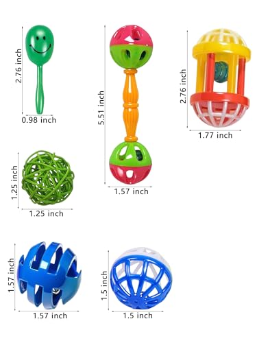 10-Pack Bird Toys for Parrots – Natural Rattan and Plastic Bell Balls | Safe, Fun Cage Decor, Foot Exercise, 1.5'' - 5.5'' - size: 1.5'' - 5.5''