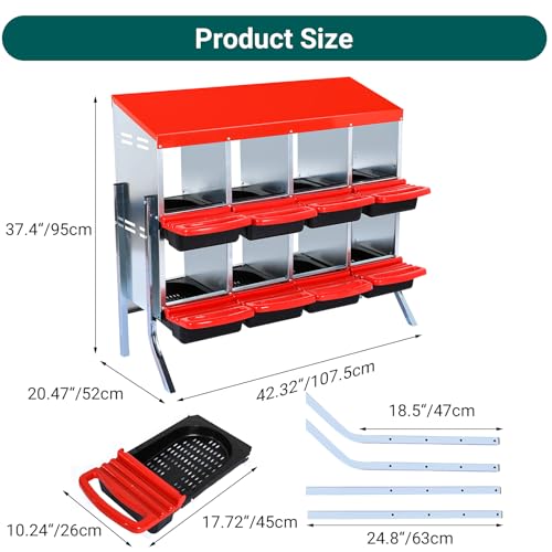 8-Hole Chicken Nesting Box with Removable Lid, Metal Chicken Coop with Roll Away Design/Easy Egg Collection/Ventilation Holes, for Chicken Coops, Duck Coops and Hens - color: Red, size: 8 holes with legs